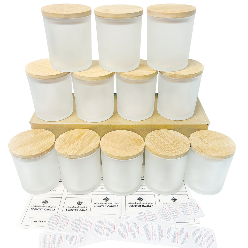 8 Pack, 10oz Iridescent Candle Glass Jars for Making Candles, Thickened Candle Containers with Bamboo Lids and Sticky Labels, Bulk Candle Vessels