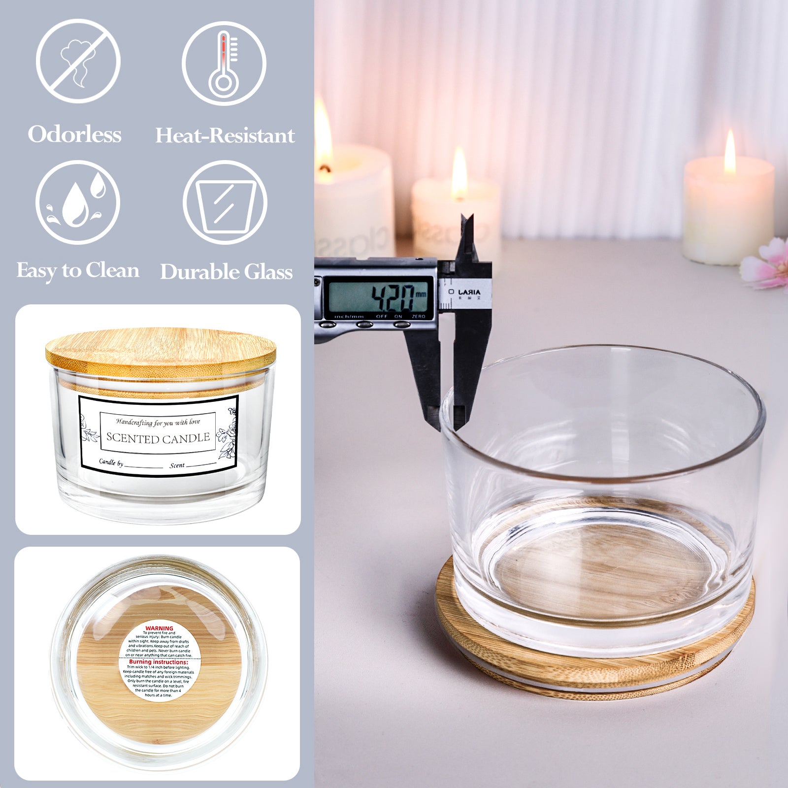 CONNOO 15-Pack 4oz Clear Glass Candle Jars With Bamboo Lids - Wide Mouth Empty Candle Containers With Warning Labels, Dishwasher Safe