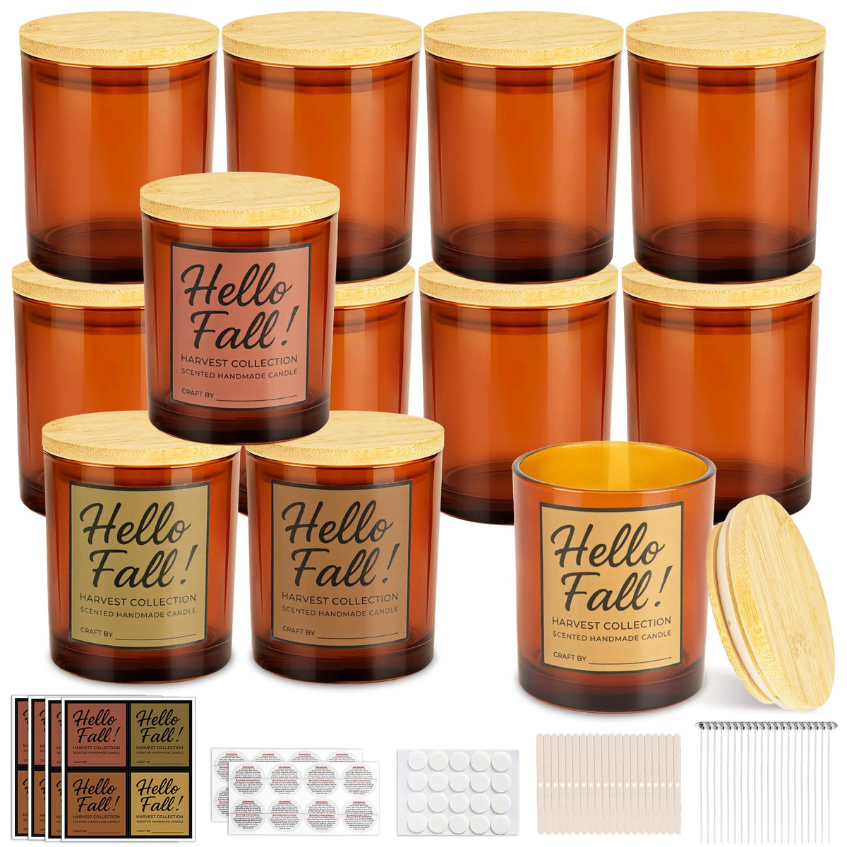 CONNOO 12-Pack 10oz Fall Glass Candle Jars with Bamboo Lids, Fall Stic